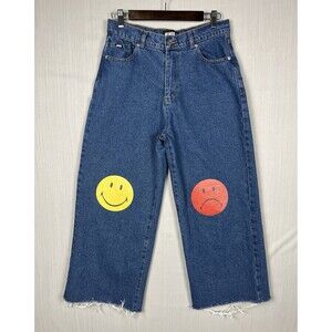Y2K Emoji Smiley‎ Frowney Knee Detail High Rise Jeans Raw Hem Minga US 8